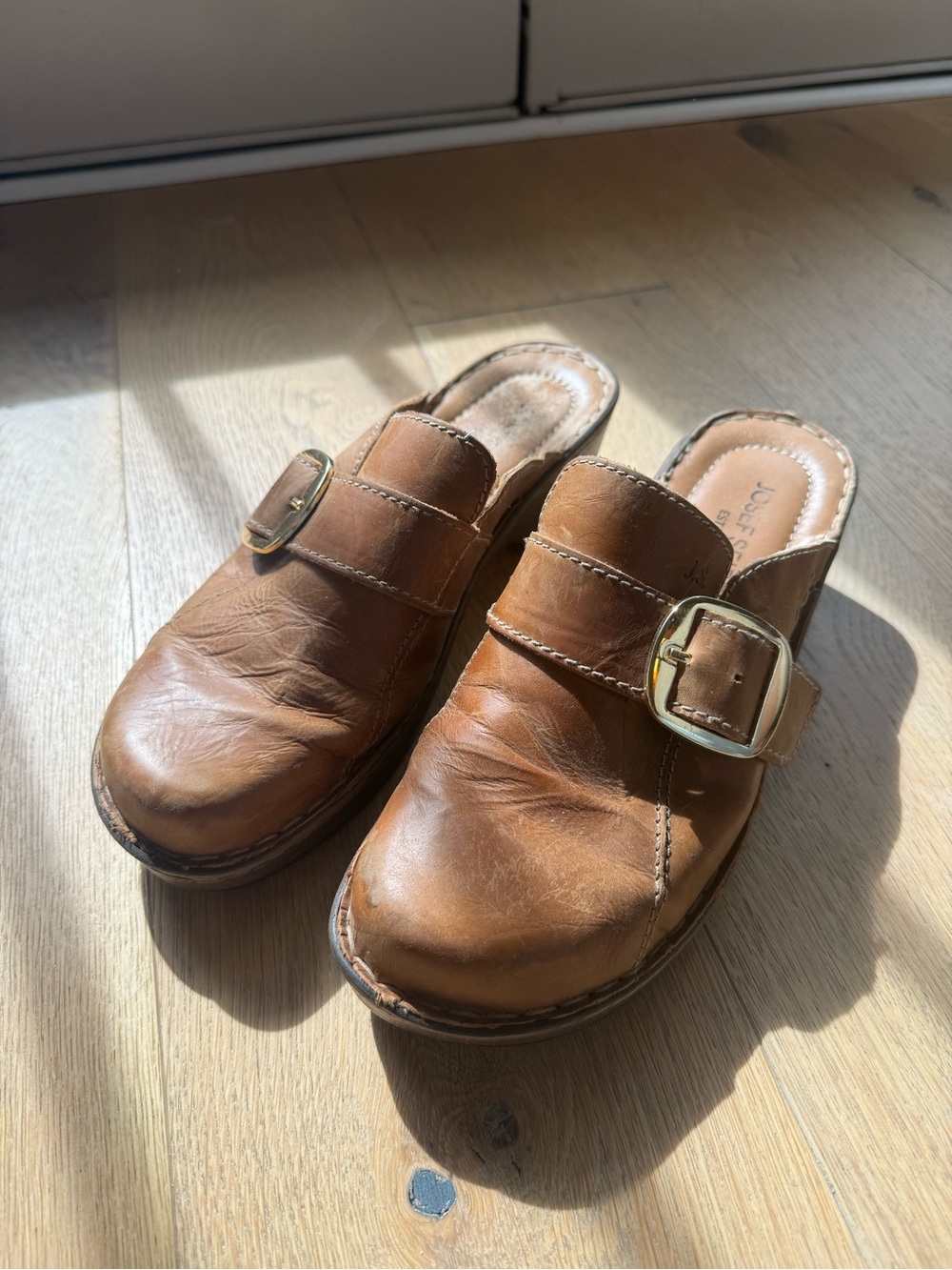 Joseph Seibel Brown Leather Clog Mules with Gold Buckle Size 40